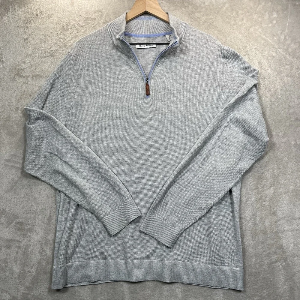Tommy Bahama‎ Sweater L Quarter Zip Mens Gray Cotton Coolmax Polyester